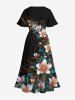 Plus Size Ombre Floral Leaf Branch Print Hawaii Split Pocket A Line Midi Dress -  