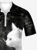 Plus Size Two Tone Cat Butterfly Floral Print Half Zipper Polo Shirt For Men -  