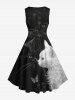 Plus Size Two Tone Cat Butterfly Floral Print Vintage Swing A Line Dress -  