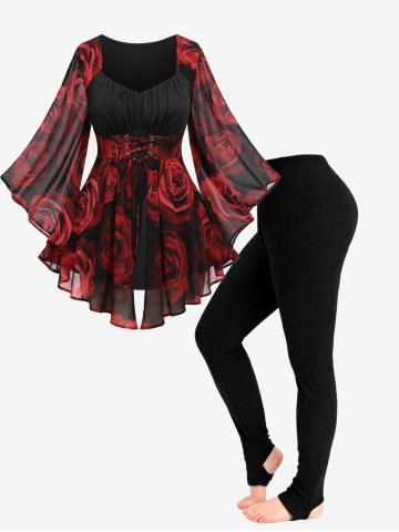 Flare Sleeves Rose Flower Printed Lace Up Chiffon Ruched Bust Layered Top and Leggings Plus Size Outfit