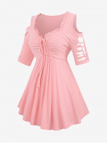 Grommets Lace Up Ripped Braided Sleeve Ruched Ruffles Ribbed Textured and Hollow Out Crochet Lace Trim Pockets Capri Leggings Plus Size Outfit