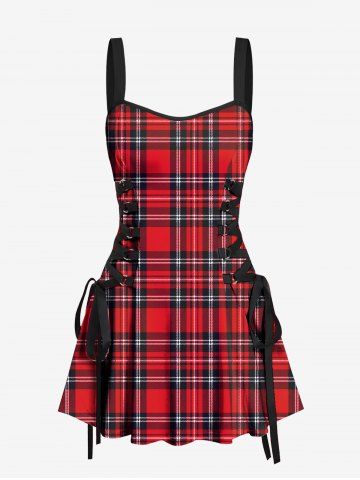 Plaid Print Lace Up Tank Dress - RED - XS