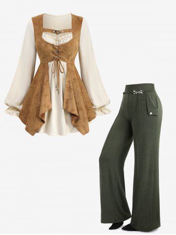 Bamboo Print Lace Up Plisse 2 In 1 Top and Buttons Wide Leg Pants Plus Size Outfit - BEIGE