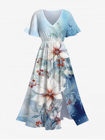 Plus Size Flowers Leaf Fruit Ombre Colorblock Print Split Hawaii Midi Dress