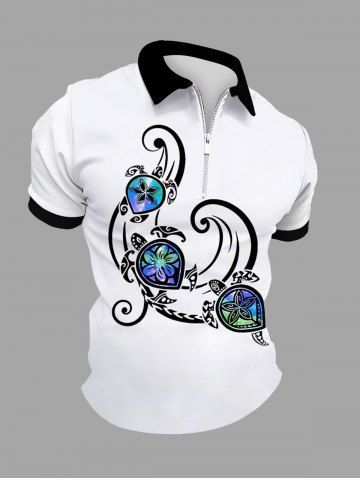 Plus Size Sea Waves Floral Turtle Print Zipper Hawaii Polo Shirt For Men - WHITE - XS