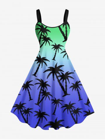 Plus Size Coconut Tree Dip Dye Ombre Print Hawaii A Line Tank Dress - BLUE - 1X