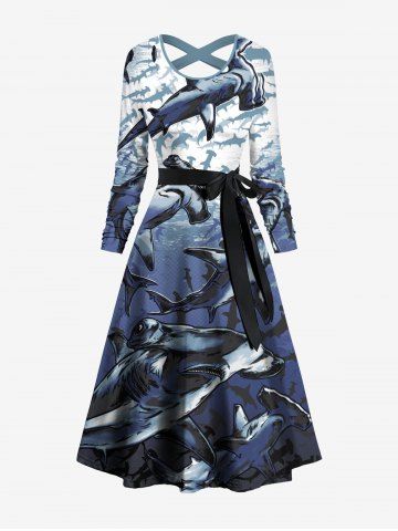 Underwater World Sharks Print Crisscross Hawaii Dress With Belt - MULTI-A - XS