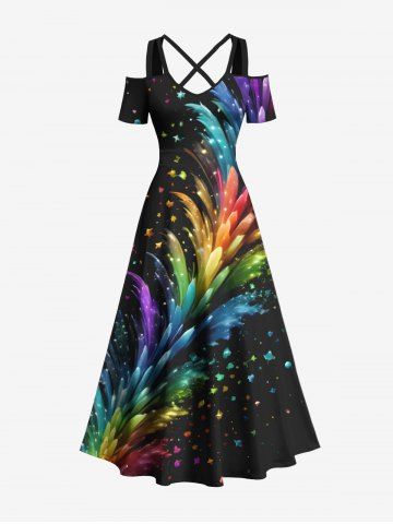 Plus Size Colorful Stars Smoke Print Hawaii Cold Shoulder Crisscross A Line Maxi Dress - BLACK - 3X