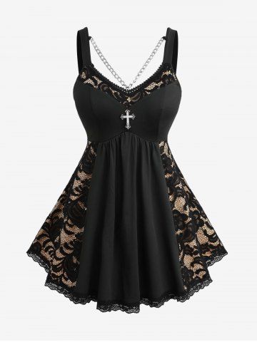 Plus Size Floral Lace Patchwork Cross Chain Backless Tank Top - BLACK - 2X | US 18-20