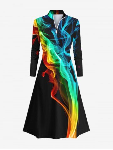 Plus Size Colorful Ombre Smoke Print Zipper A Line Dress - BLACK - 5XL