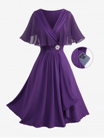 Plus Size Cover Ruched Ruffles Floral Buckle Asymmetrical Pocket Dress - PURPLE - 5X | US 30-32