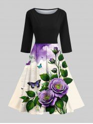 Floral Leaf Butterfly Ombre Cloud Newspaper Print Valentines Midi 50's Vintage A Line Dress -  