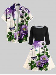 Floral Leaf Butterfly Ombre Cloud Newspaper Print Plus Size Matching Outfit For Couples -  