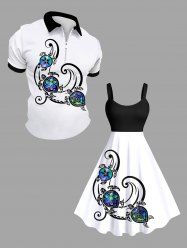 Tenue de Plage Grande Taille à Manches Longues Imprimé Floral et Tortue Assortis pour Femmes - Blanc 