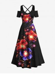 Plus Size Tropical Leaf Hibiscus Flowers Glitter 3D Print Cold Shoulder Crisscross Maxi Dress -  