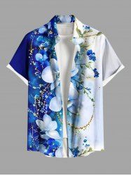 Plus Size Flowers Leaf Contrast Colorblock Print Buttons Pocket Hawaii Shirt For Men -  