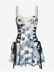 Tropical Hibiscus Flower Leaf Print Lace Up Hawaii Tank Dress -  