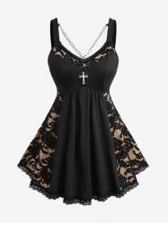 Plus Size Floral Lace Patchwork Cross Chain Backless Tank Top -  