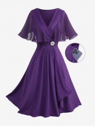 Plus Size Cover Ruched Ruffles Floral Buckle Asymmetrical Pocket Dress -  