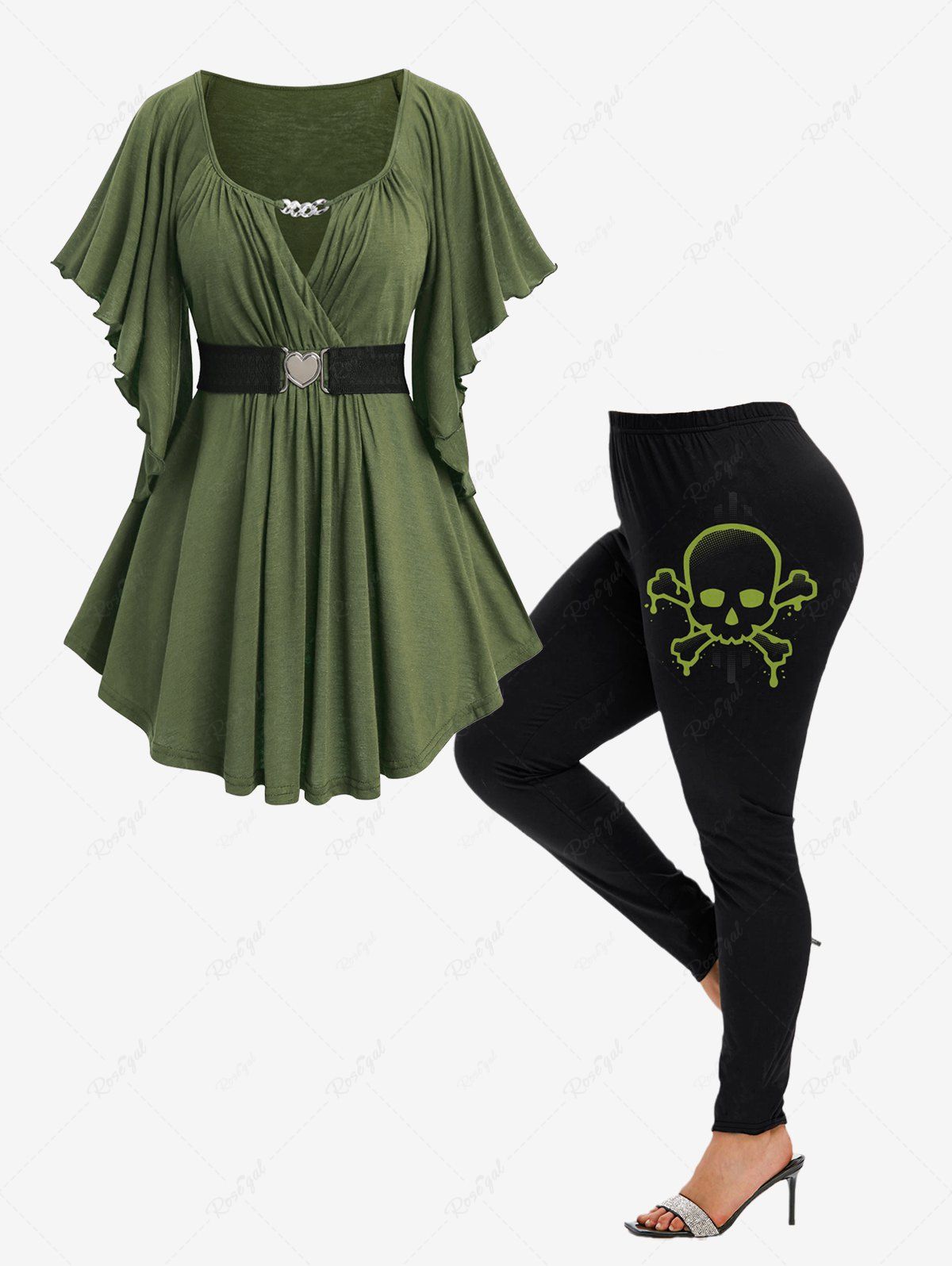 Affordable Chain Panel Butterfly Sleeve Surplice Top and Skull Printed Leggings Plus Size Outfit  