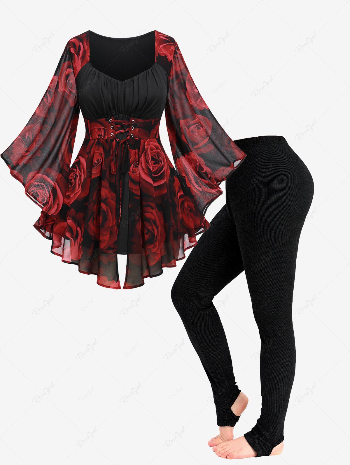 Trendy Flare Sleeves Rose Flower Printed Lace Up Chiffon Ruched Bust Layered Top and Leggings Plus Size Outfit  