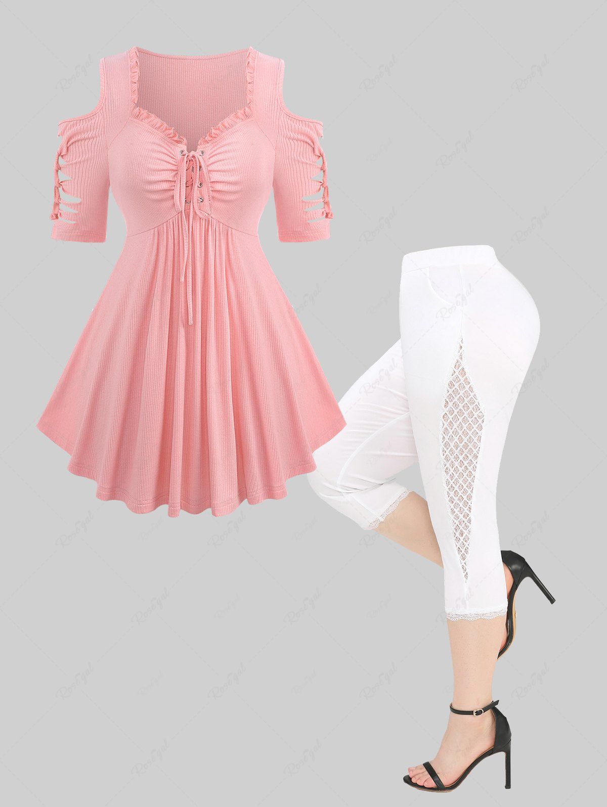 Best Grommets Lace Up Ripped Braided Sleeve Ruched Ruffles Ribbed Textured and Hollow Out Crochet Lace Trim Pockets Capri Leggings Plus Size Outfit  