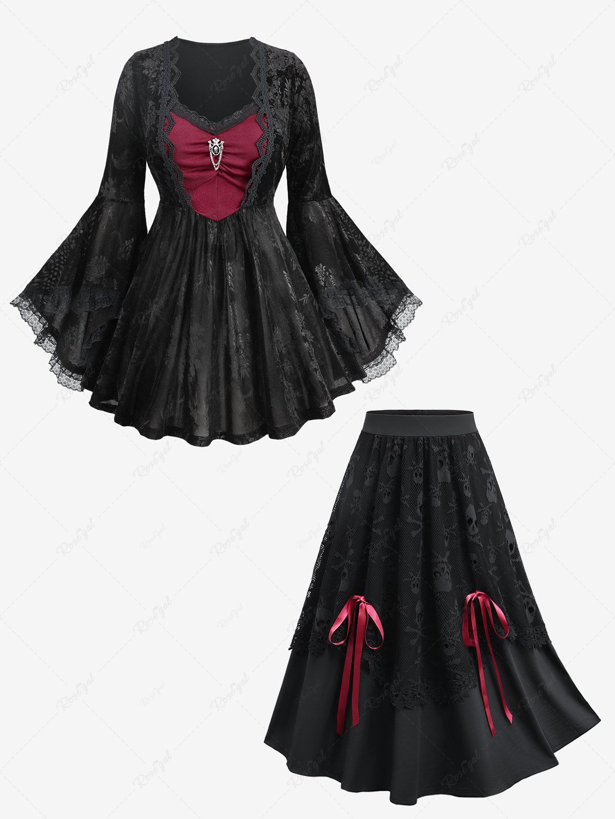 T-shirt à Empiècement en Dentelle à Fleurs et Crâne avec Noeud Papillon Noir 