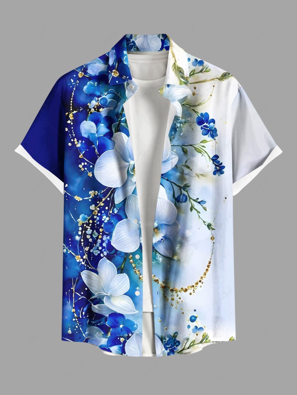Latest Plus Size Flowers Leaf Contrast Colorblock Print Buttons Pocket Hawaii Shirt For Men  