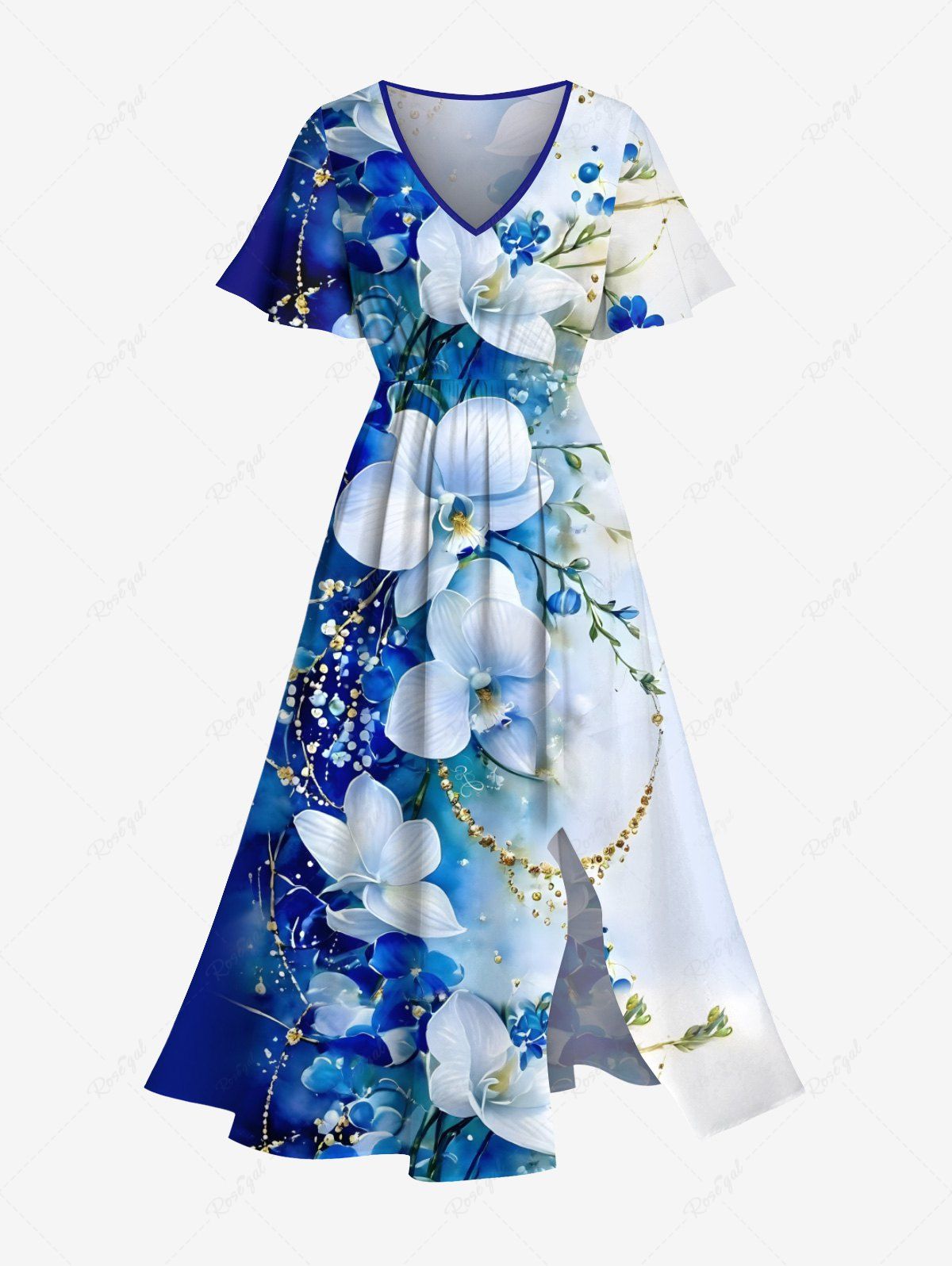 Shop Plus Size Flowers Leaf Contrast Colorblock Print Split Hawaii Midi Dress  