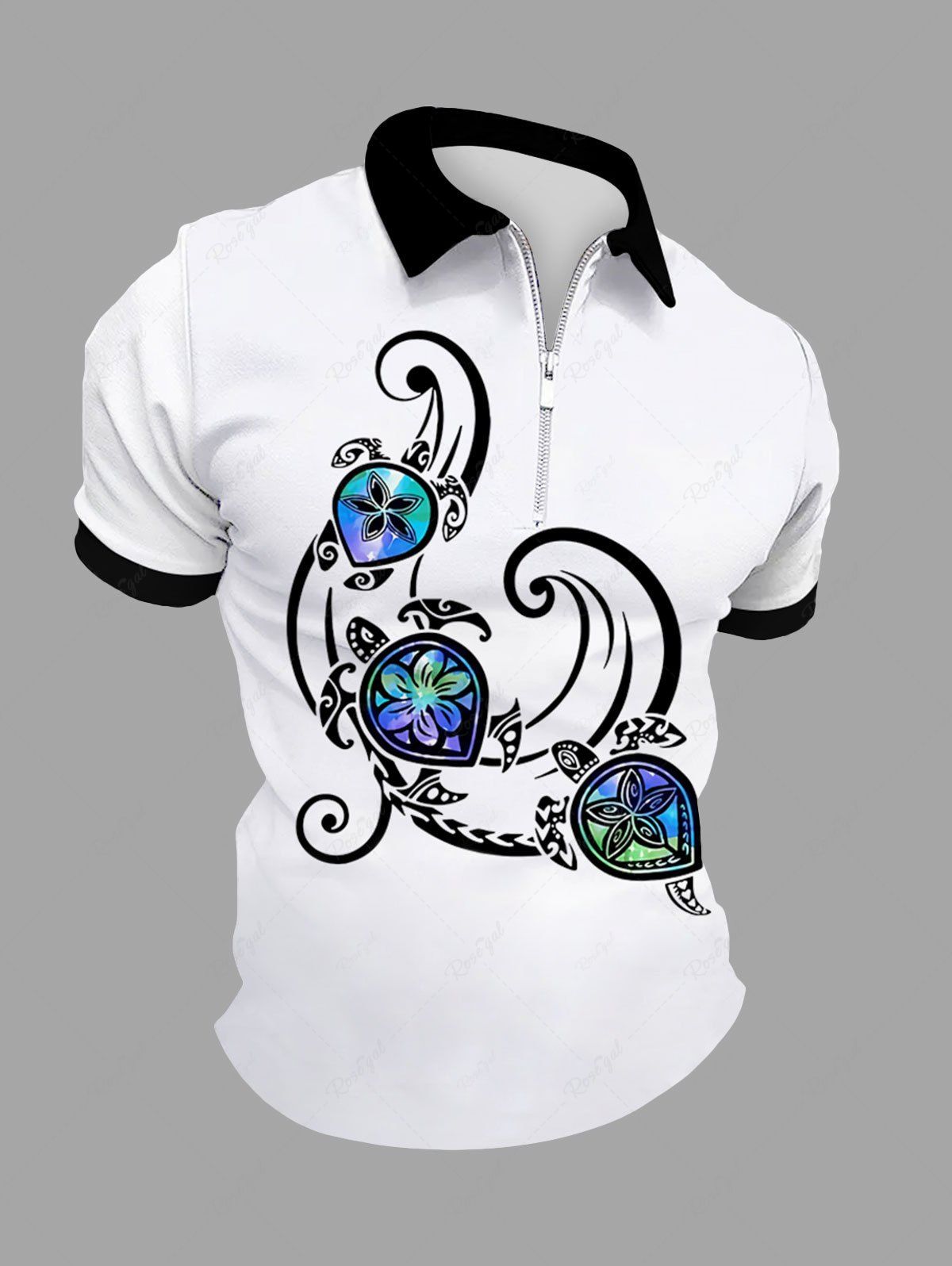 Fancy Plus Size Sea Waves Floral Turtle Print Zipper Hawaii Polo Shirt For Men  