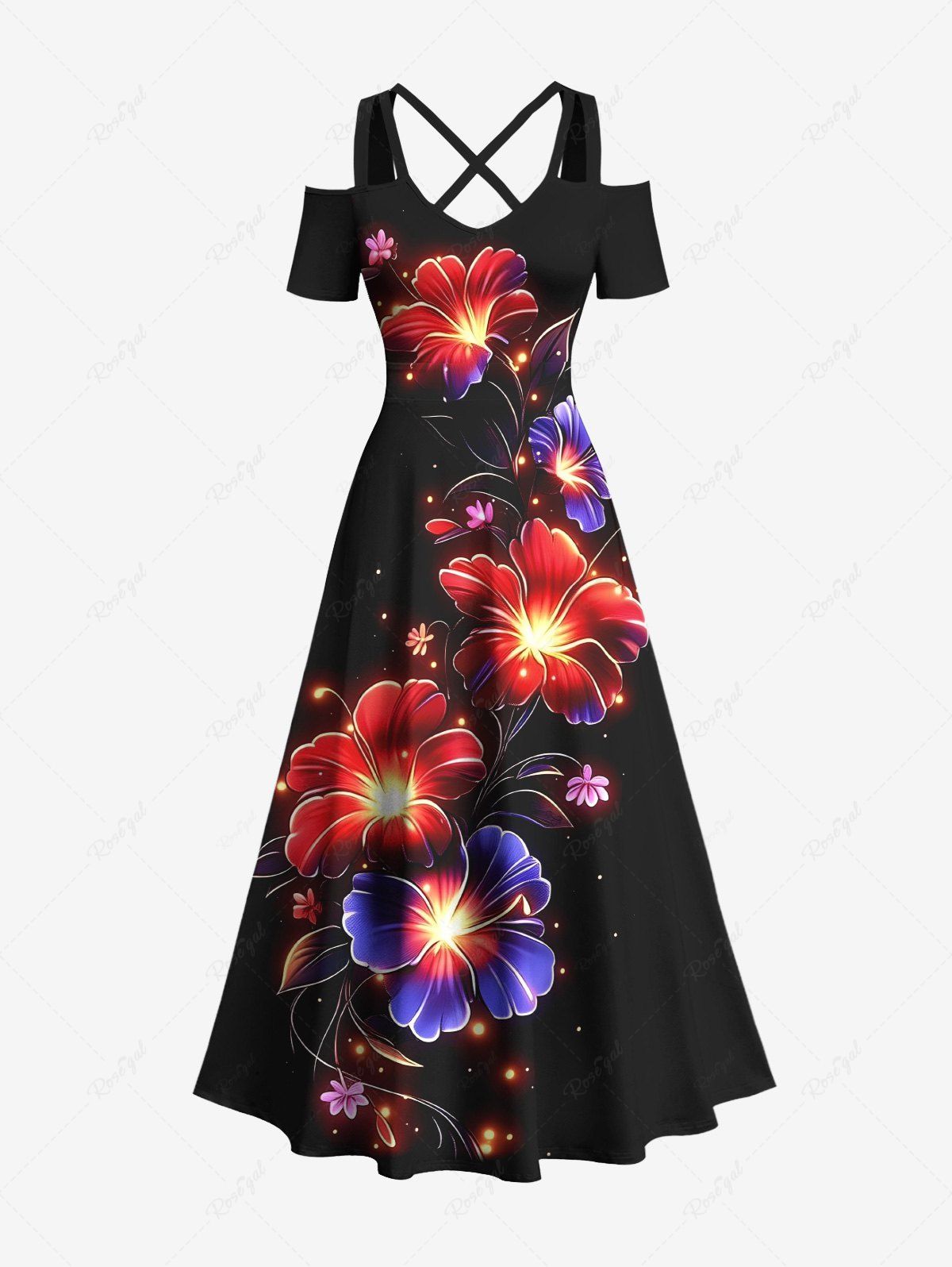 Best Plus Size Tropical Leaf Hibiscus Flowers Glitter 3D Print Cold Shoulder Crisscross Maxi Dress  