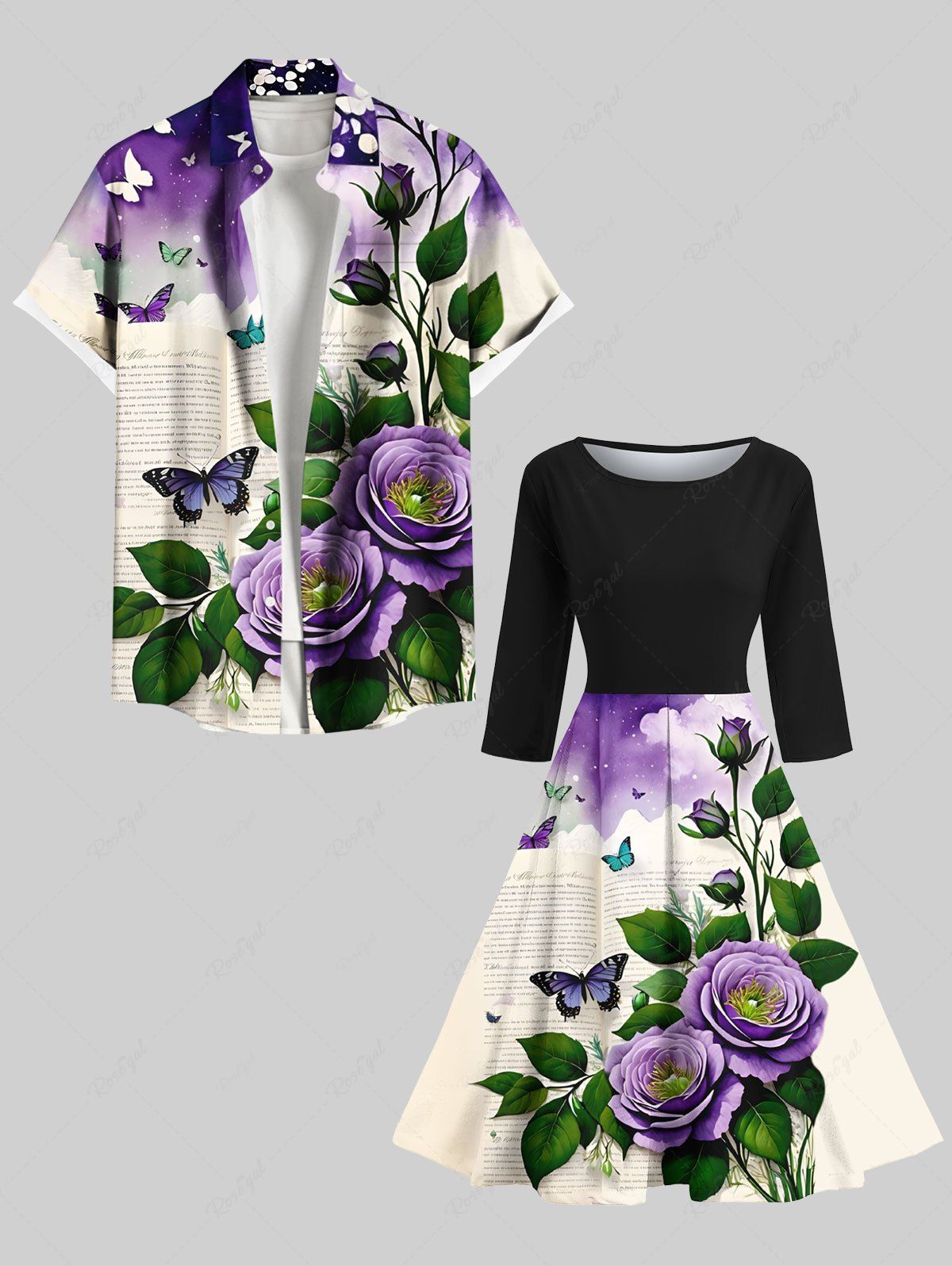 Affordable Floral Leaf Butterfly Ombre Cloud Newspaper Print Plus Size Matching Outfit For Couples  