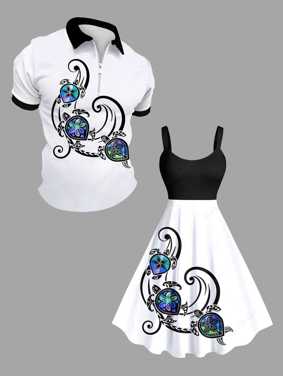 Tenue de Plage Grande Taille à Manches Longues Imprimé Floral et Tortue Assortis pour Femmes Blanc 