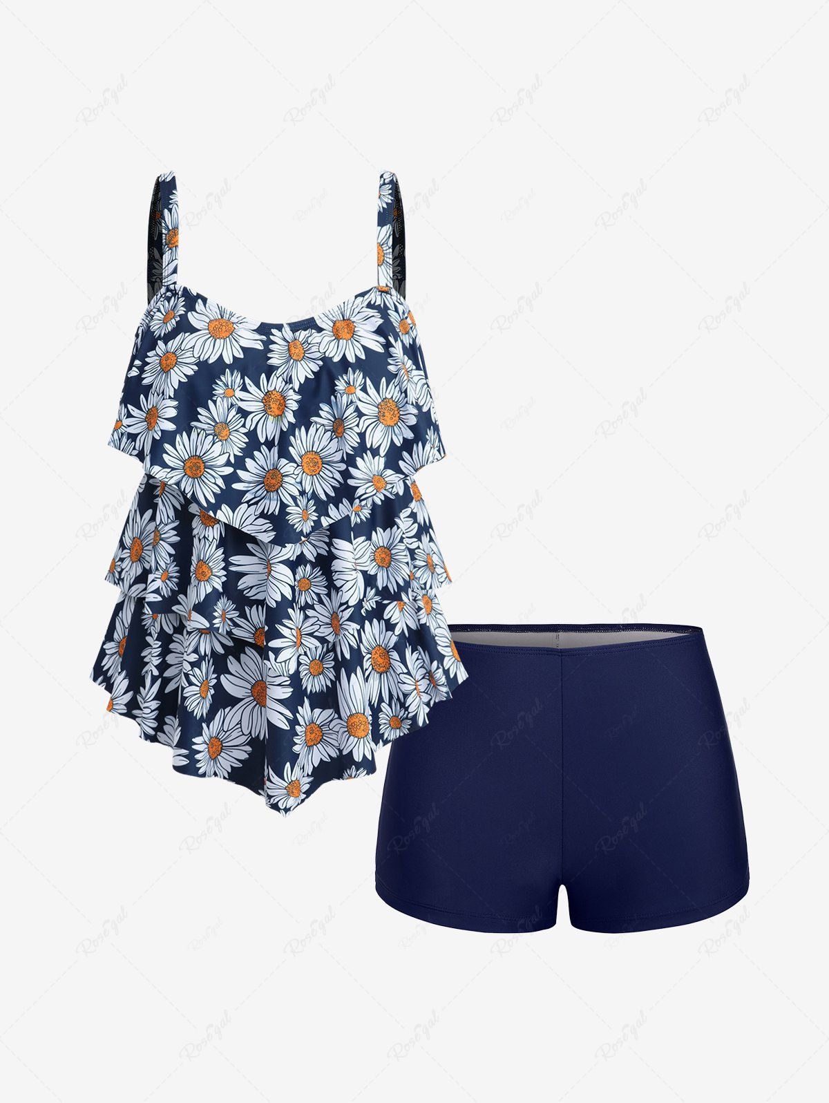Fancy Plus Size Daisy Flower Print Layered Boyshorts Tankini Swimsuit  