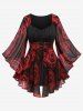 Flare Sleeves Rose Flower Printed Lace Up Chiffon Ruched Bust Layered Top and Leggings Plus Size Outfit -  