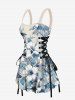 Tropical Hibiscus Flower Leaf Print Lace Up Hawaii Tank Dress -  