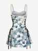 Tropical Hibiscus Flower Leaf Print Lace Up Hawaii Tank Dress -  