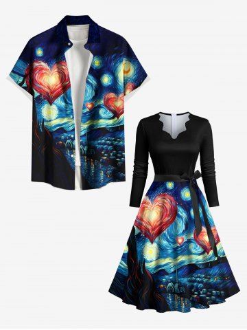 Oil Painting Galaxy Heart River Print Valentines Plus Size Matching Outfit For Couples - BLACK