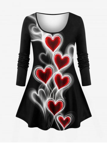 Plus Size Heart Smoke Balloons Print Valentines Long Sleeves T-shirt - BLACK - XS