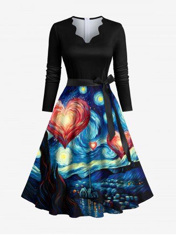 Plus Size Oil Painting Galaxy Heart River Print Valentines Scalloped Neck A Line Dress with Tied Belt - BLACK - M