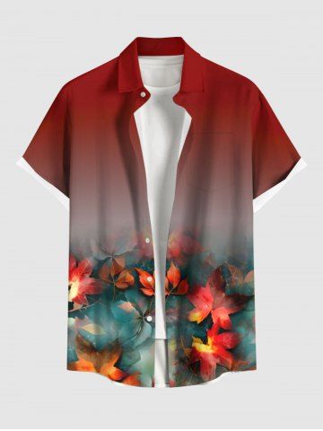 Plus Size Maple Leaves Print Hawaii Ombre Button Pocket Shirt For Men - RED - S