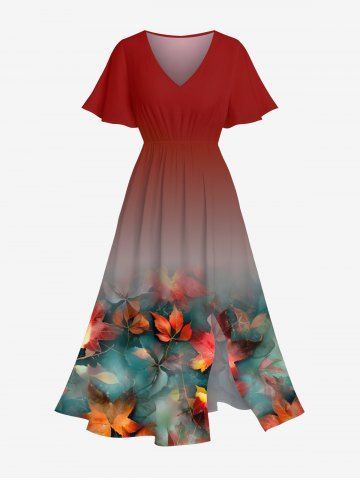 Plus Size Maple Leaves Print Hawaii Ombre Split Pocket A Line Midi Dress - RED - XS