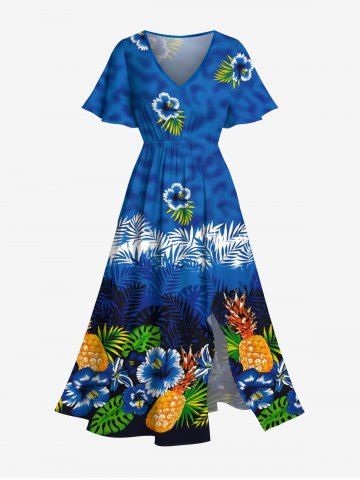 Plus Size Floral Pineapple Tropical Leaves Print Hawaii Ombre Split Pocket A Line Midi Dress - BLUE - S