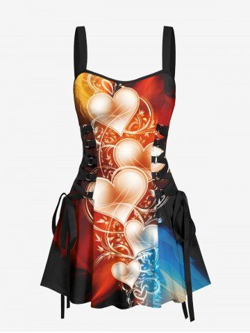 Ombre Heart Branch Light Beam Print Valentines Hawaii Lace Up A Line Tank Dress - MULTI-A - XS