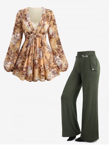 Floral Print Embroidery Surplice 2 in 1 Blouse and Wide Leg Pants Plus Size Outfit - LIGHT COFFEE