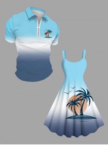 Coconut Tree Sun Bird Ombre Print Plus Size Matching Hawaii Beach Outfit For Couples