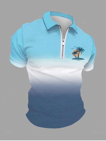 Plus Size Coconut Tree Sun Bird Ombre Print Zipper Hawaii Polo Shirt For Men - MULTI-A - M