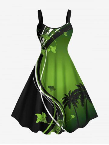 Plus Size Coconut Tree Flower Colorblock Print Hawaii Tank Dress - GREEN - L