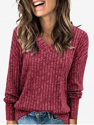 V Neck Textured Ribbed Knitted Top - RED - S