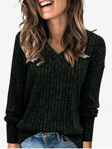 V Neck Textured Ribbed Knitted Top - BLACK - S